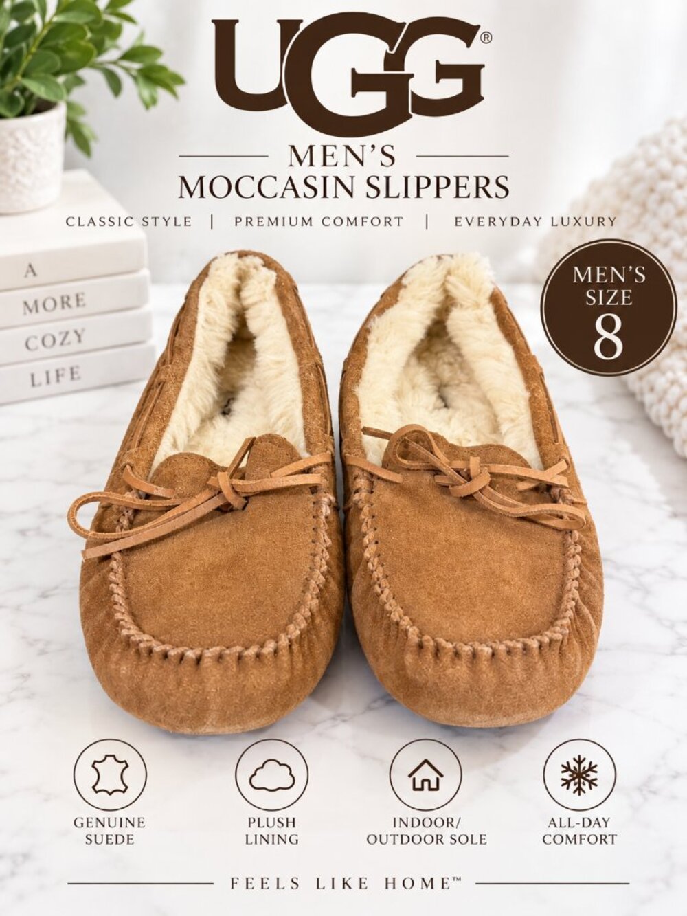 UGG Men’s Chestnut Suede Shearling Moccasin Slippers Size 8